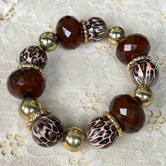 Vintage 90s Y2k Leopard Gold Beaded Stretch Bracelet Boho McBling Gyaru Gal - Picture 1 of 3